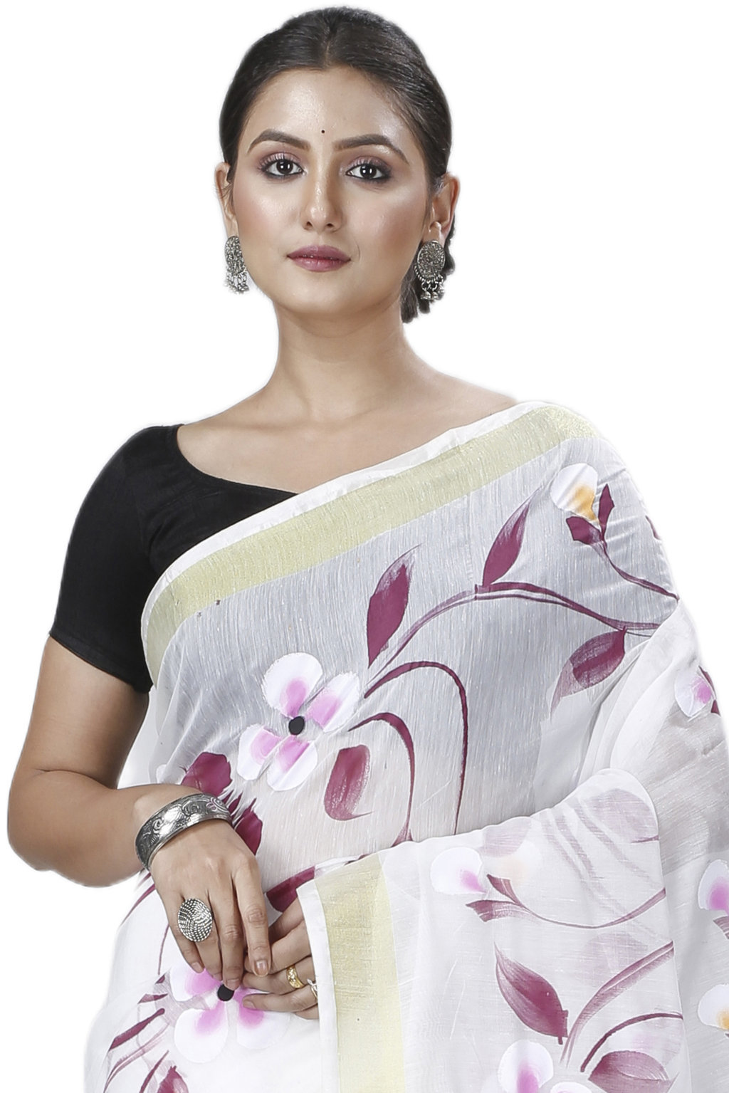 Cream Blended Cotton Tonika Hand Painted Saree (1218)